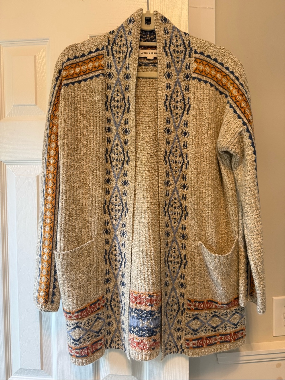 Lucky Brand Open Front Cardigan Aztec Boho Tan Navy Blue Yellow Cotton Medium